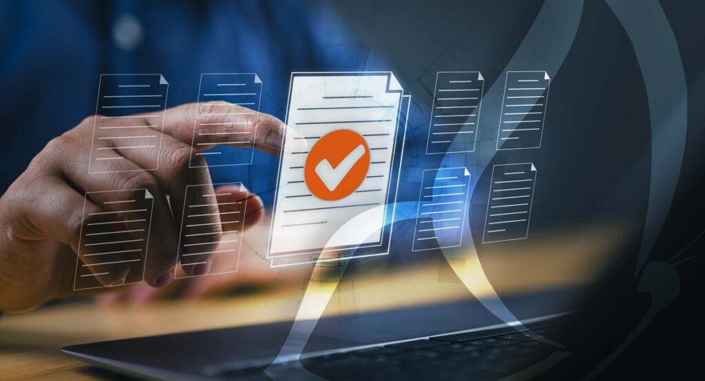 CMMC document management concept. Person using a highly secured laptop for document approval.